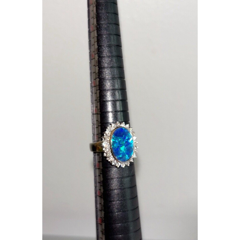 18k White Gold Boulder Opal Doublet and Diamond Ring Size 7